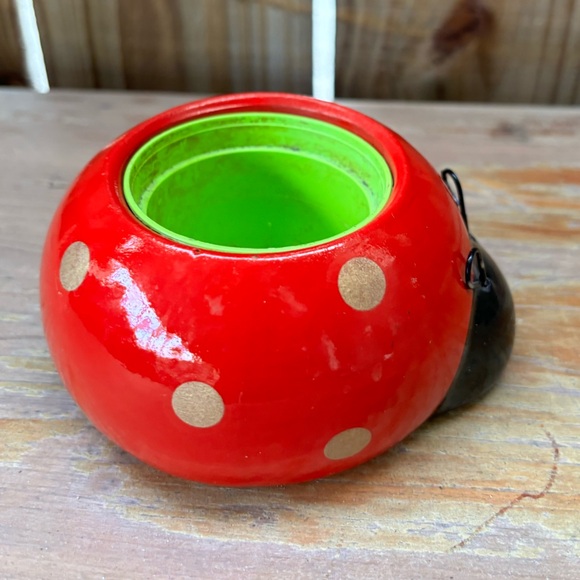 Rocket Farms Red Lovebug Ladybug Mini Planter Gold Polka Dots - Picture 4 of 10